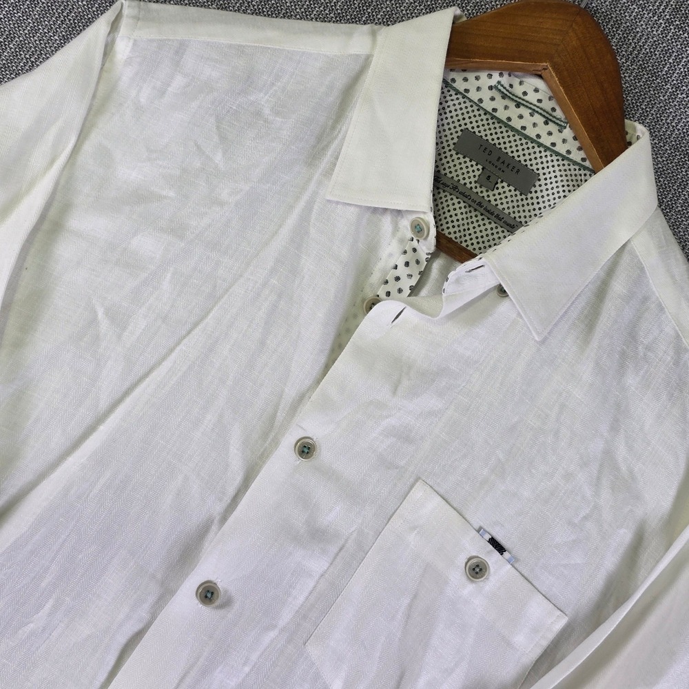 Ted Baker Linen Blend Casual Shirt Mens XL Roll Tab Sleeve White Coastal